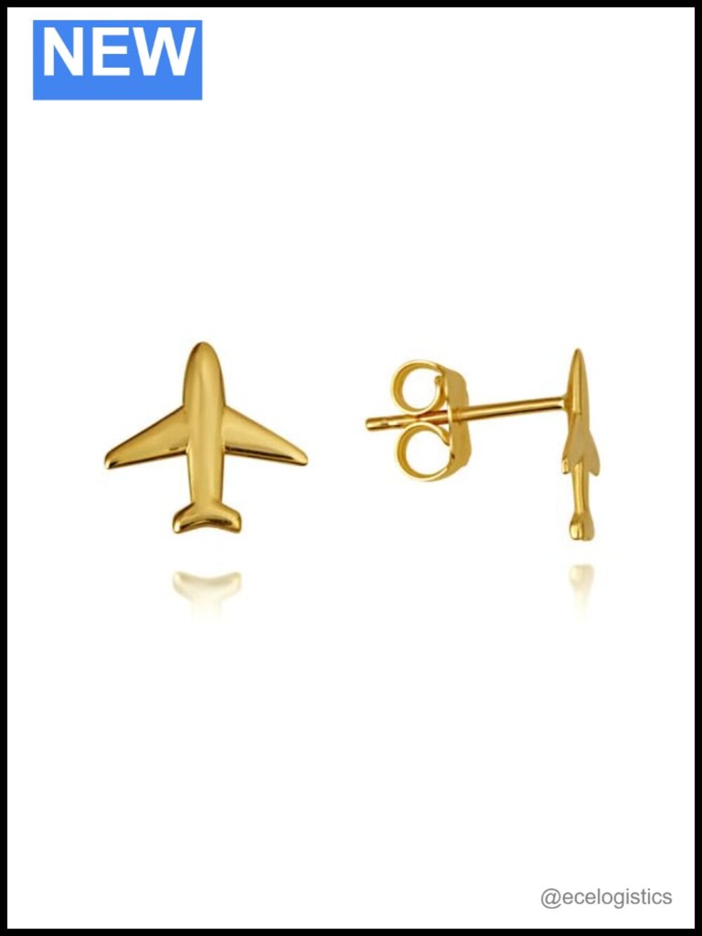 Solid 14K Yellow Gold Airplane Travel Stud Earrings Push Back